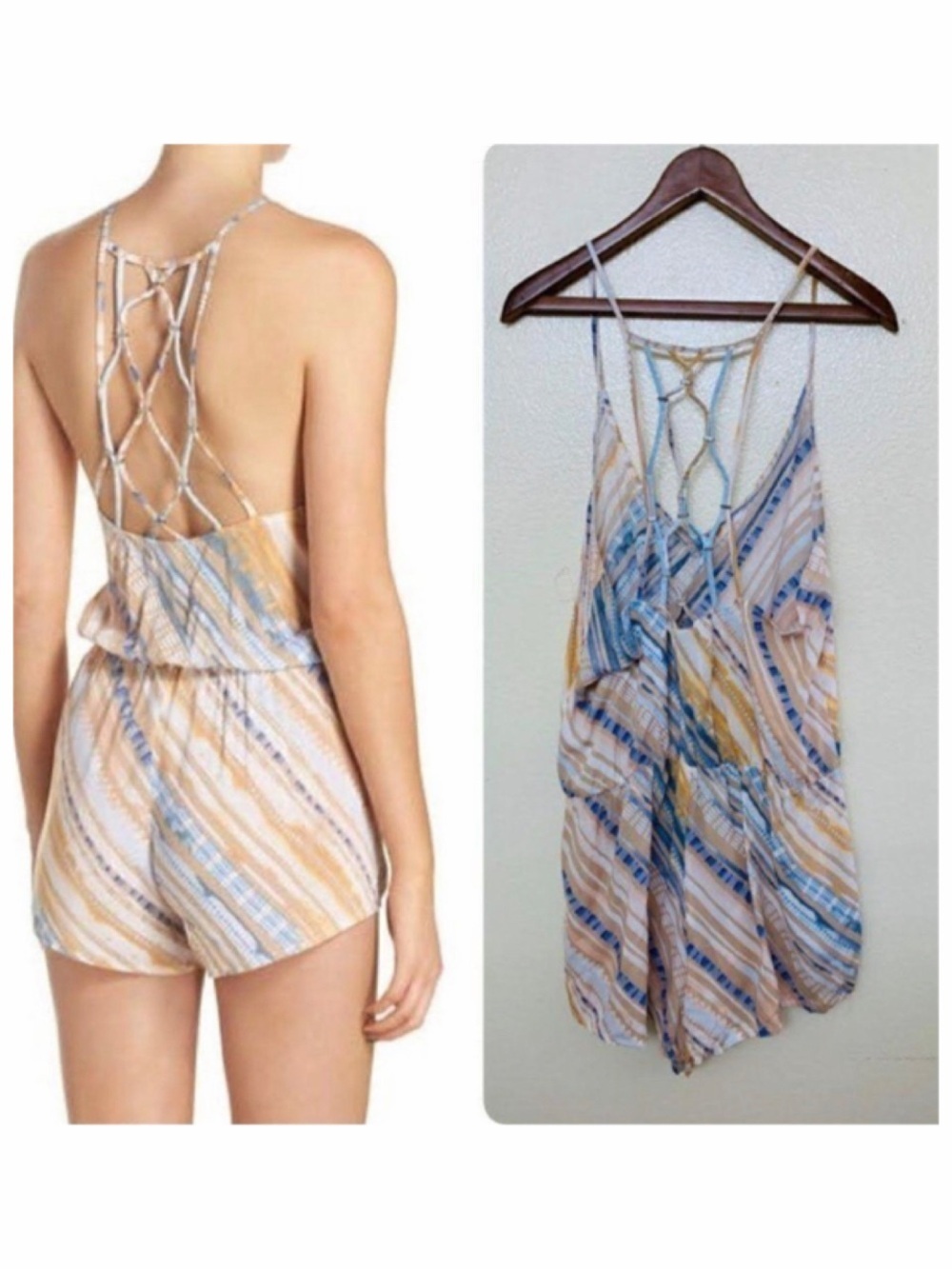 Dolce Vita Striped Rayon Romper V Neck Size Large Back Criss Cross Beige